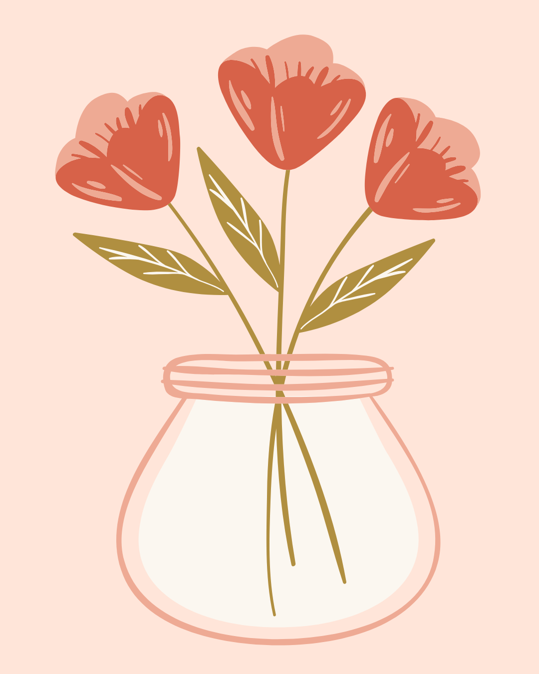 Cartoon illustration of red lily flowers in a clear vase filled with water.