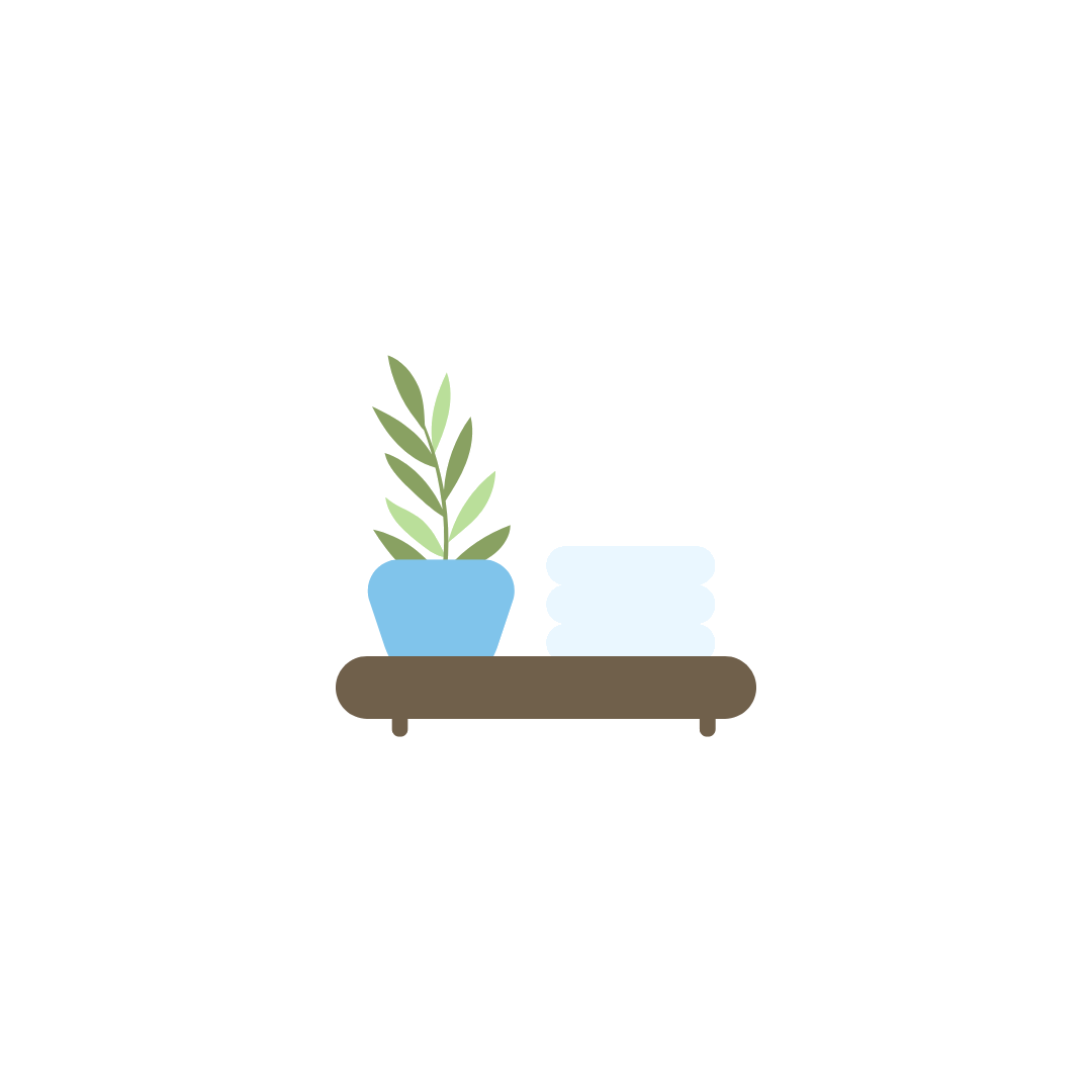 Cartoon depiction of a hanging shelf with a green fern in a blue pot on the left of the shelf and a stack of off-white plates on the right.