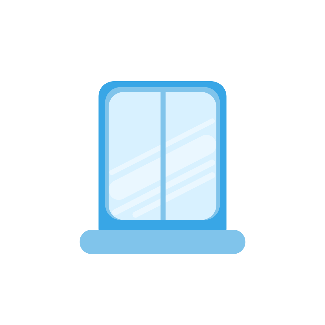 Cartoon depiction of a blue window during the day time with light going through the glass.